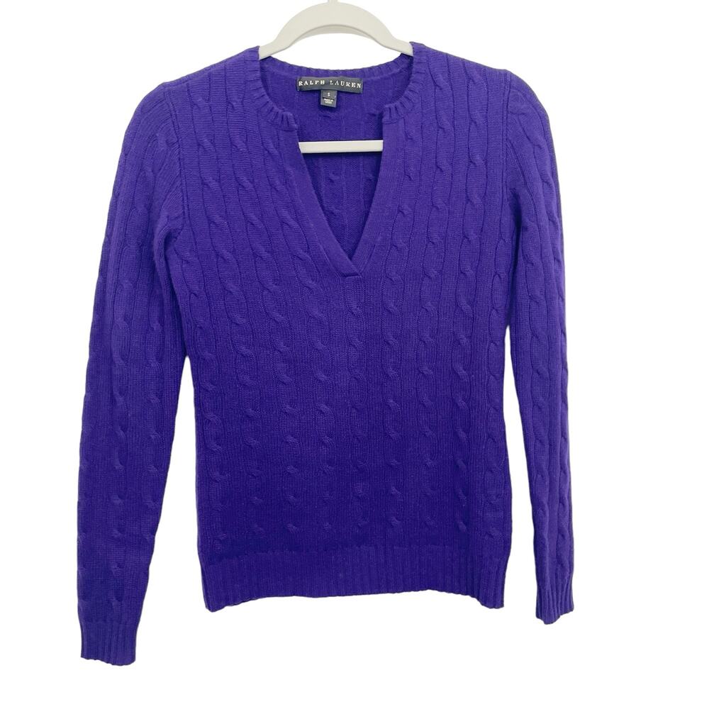 Ralph Lauren Black Label Womens Cashmere Sweater Small V-Neck Cable Knit